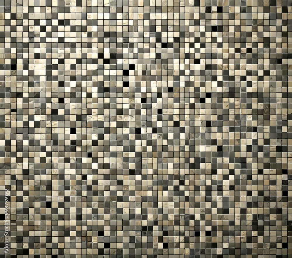 Poster a mosaic pattern composed of small square tiles in various shades of gray and black, arranged in a grid-like pattern