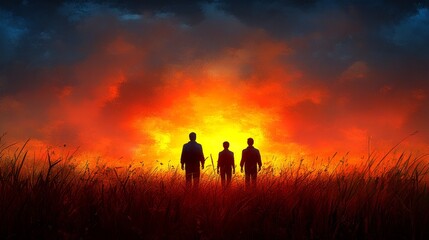 Fototapeta premium Three silhouettes stand in a field against a vibrant sunset, symbolizing companionship and nature's beauty.