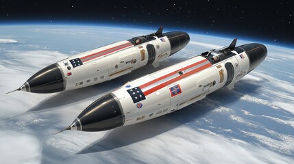 Fototapeta premium Two advanced spacecraft soar above Earth, showcasing cutting-edge design and technology in deep space exploration.