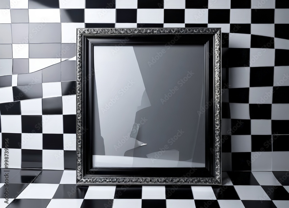 Poster a black and white checkered background with a black ornate picture frame in the foreground