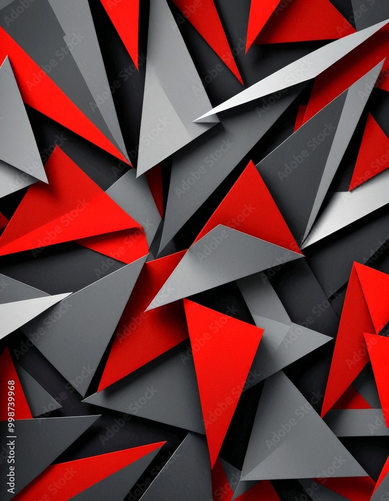 Poster a geometric pattern composed of overlapping triangles in various shades of red, gray, and black, creating a visually striking and abstract design.