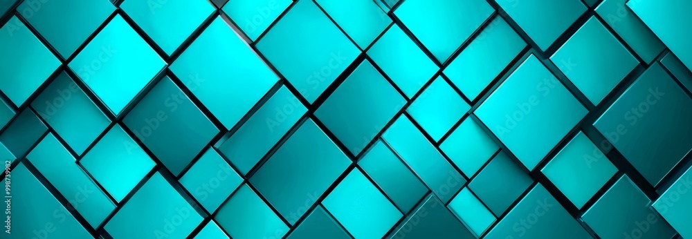 Poster a repeating pattern of square tiles in a vibrant teal color, arranged in a diagonal grid-like pattern The tiles are slightly overlapping, creating a sense of depth
