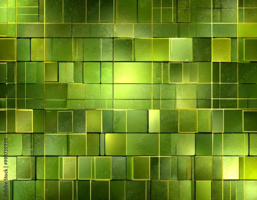 Poster a grid of square tiles in a vibrant green color, with a subtle yellow outline, creating a visually s