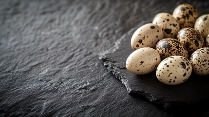 Obraz premium A dramatic close-up of quail eggs arranged on a dark slate surface, illuminated by a single beam of light, emphasizing texture and shadow