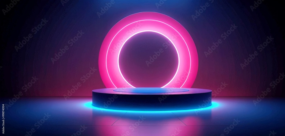 Poster a futuristic stage with a circular platform and a glowing ring in the center, set against a dark bac