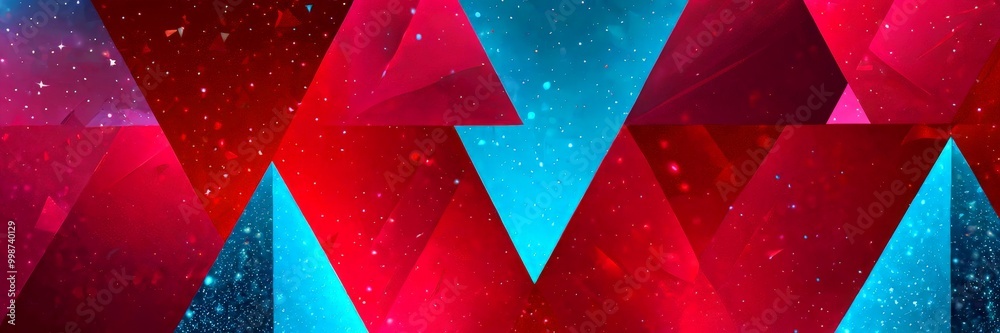 Poster a vibrant abstract composition of overlapping triangular shapes in red, blue, and black, with a starry background and a subtle glow effect