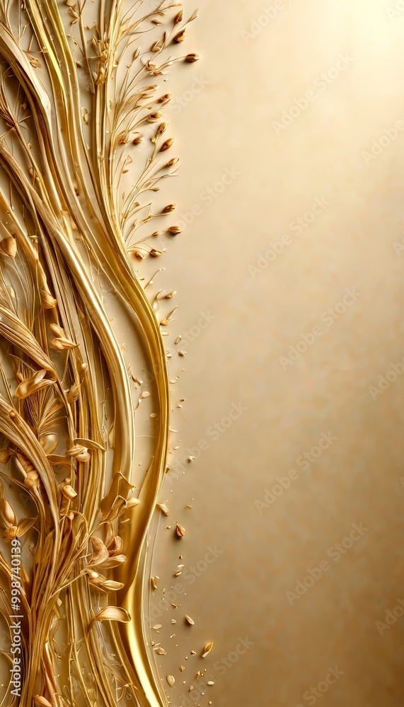 Poster a golden, wavy pattern of dried flowers and branches on a beige background, with a subtle gradient e