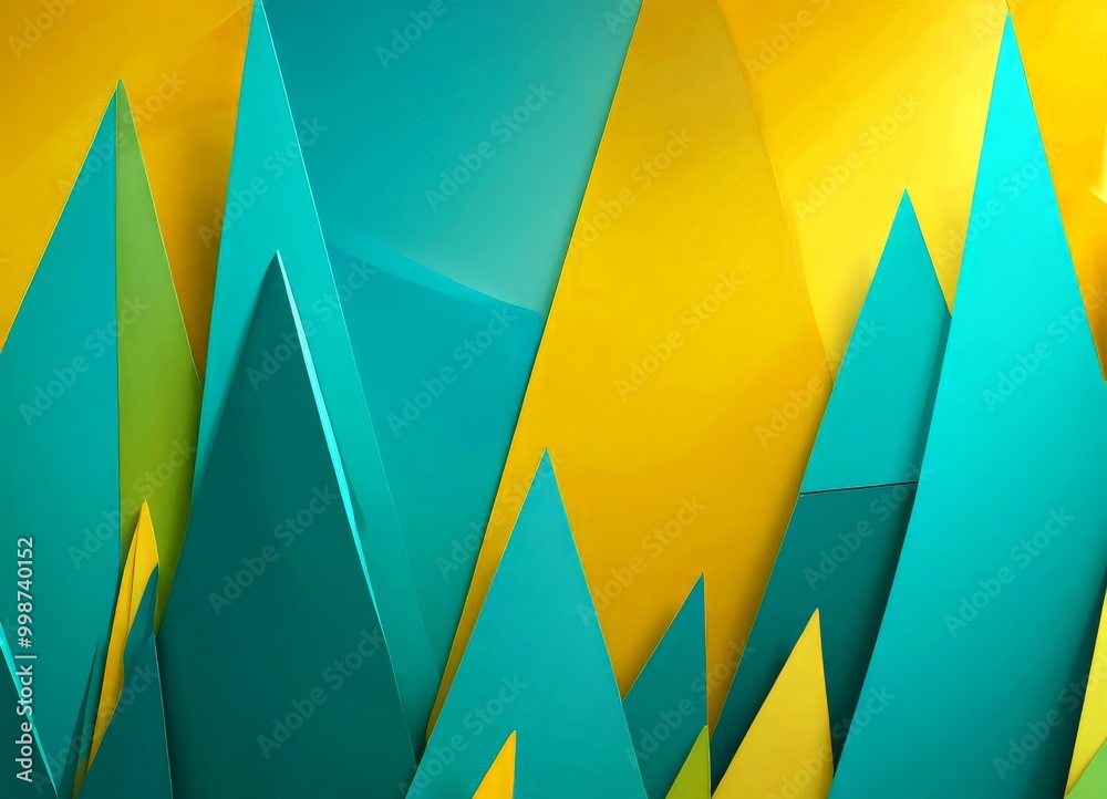 Poster a vibrant abstract composition of overlapping triangular shapes in various shades of green and yellow, creating a dynamic and visually striking pattern