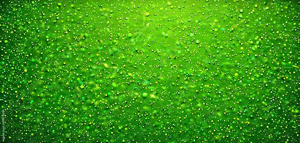 Poster a close-up view textured green surface with numerous small, round, and irregularly shaped dots scattered across it, creating a sense of depth and dimension