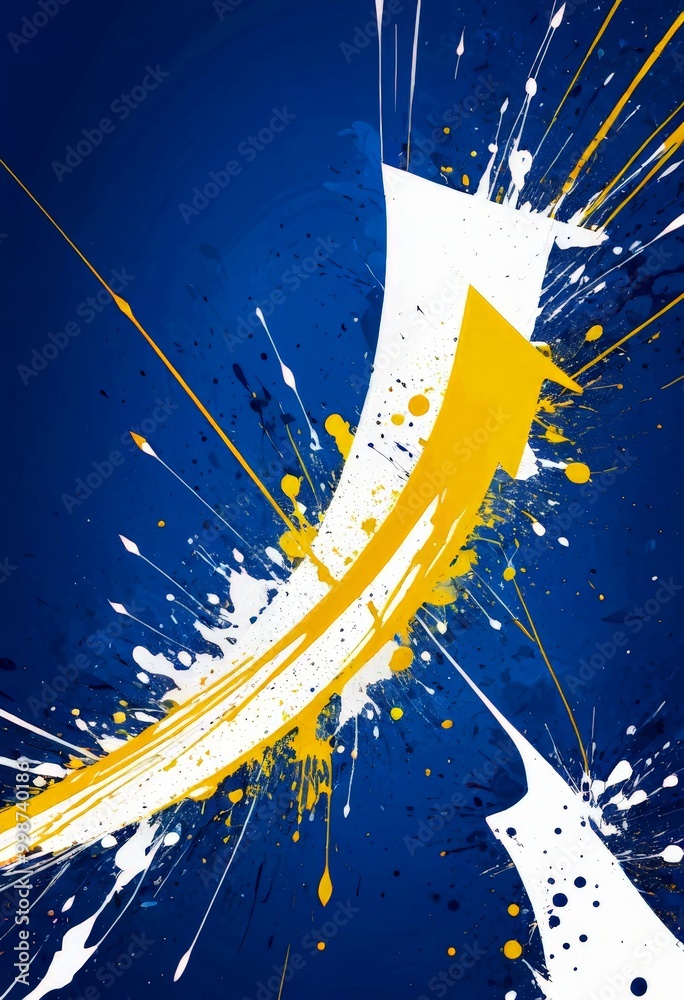 Poster a dynamic abstract composition with splashes of yellow and white against a deep blue background The central element is a white arrow with a yellow tip, pointing upwards