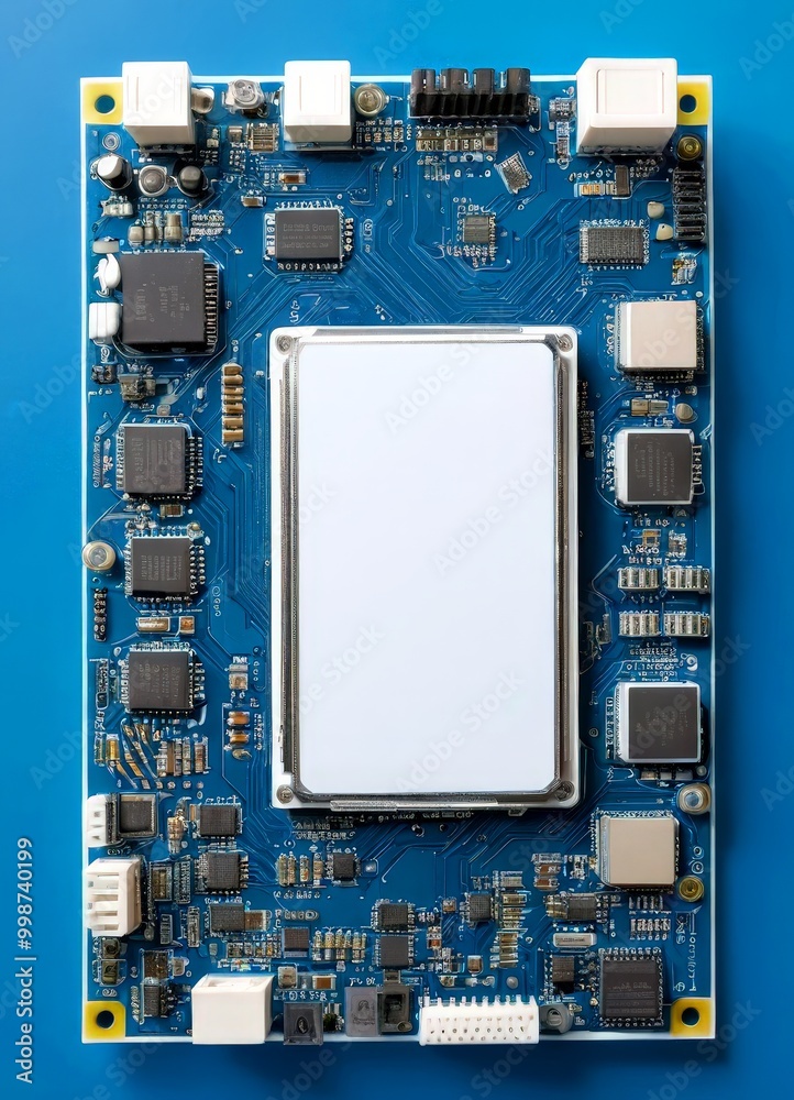 Poster an blue circuit board with various electronic components and a blank white center