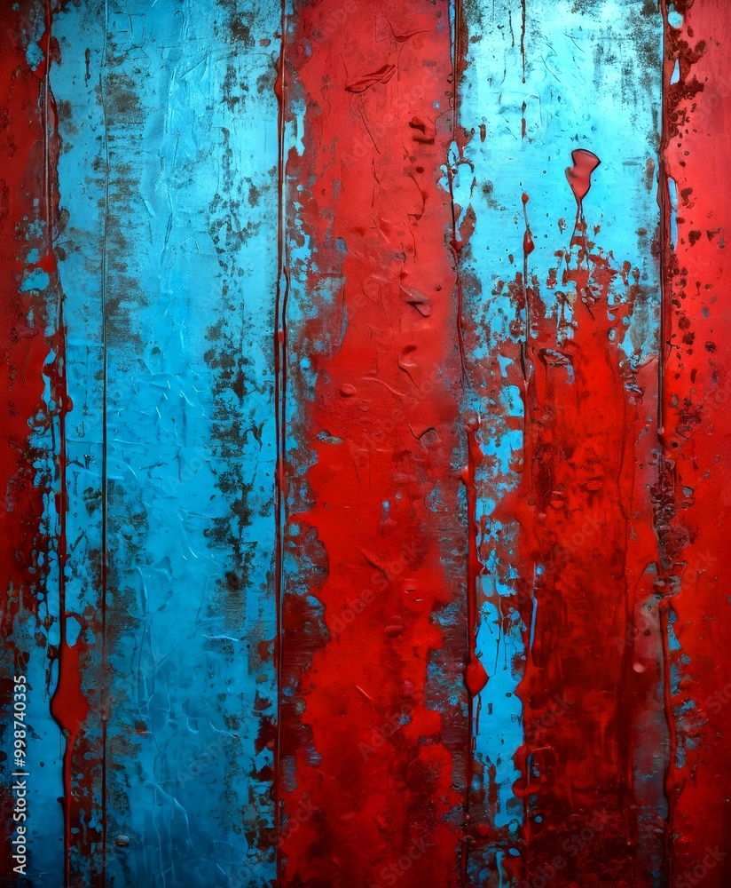Poster a vertical striped pattern with alternating blue and red paint, creating a textured and layered appearance