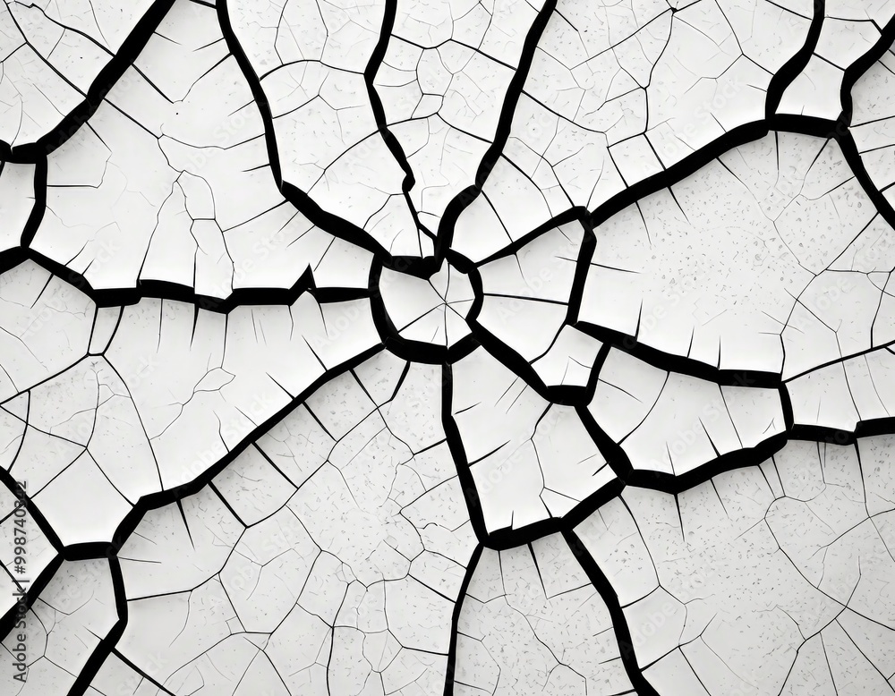 Poster a close-up view cracked and weathered surface, with a black and white color scheme The cracks are irregular and jagged, creating a sense of fragmentation and disarray