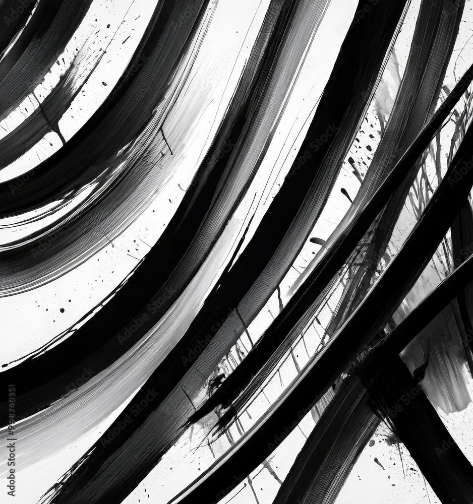 Poster a black and white abstract painting featuring diagonal lines and splatters of paint, creating a dynamic and expressive composition
