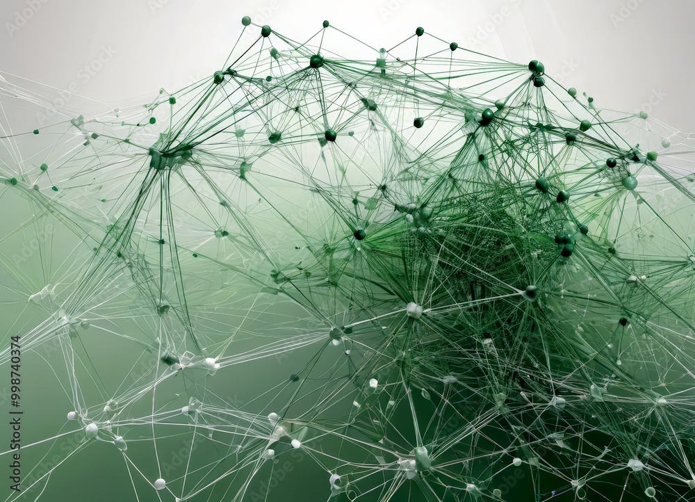 Aufkleber a complex network of interconnected lines and nodes, resembling a web or a network of interconnected particles, with a predominantly green and white color scheme
