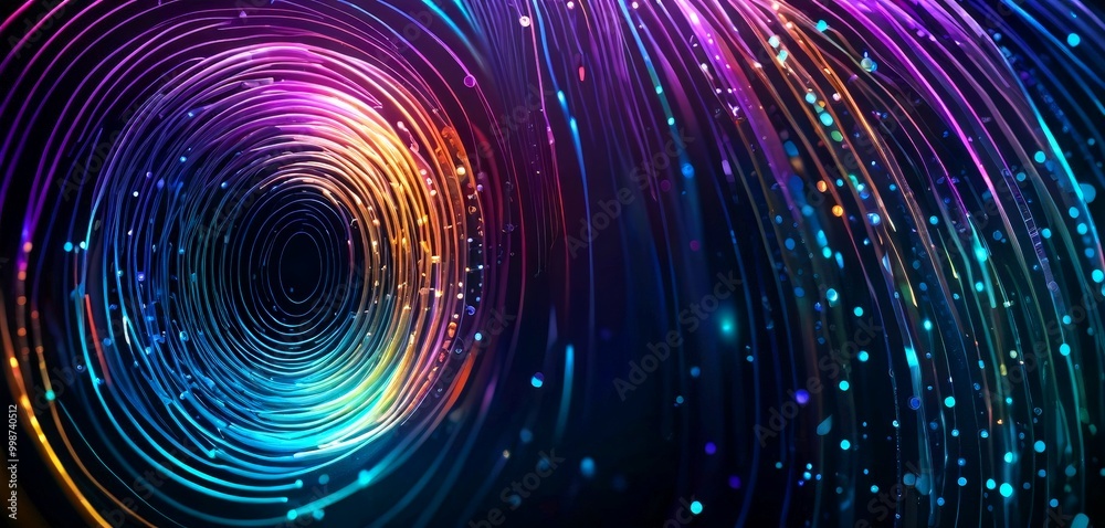 Poster a vibrant, abstract pattern of concentric circles and lines, with a mix of purple, blue, orange, and