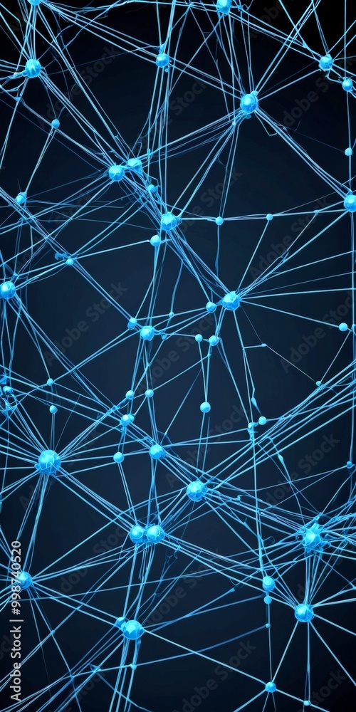 Poster a complex network of interconnected blue lines and spheres, creating a visually striking abstract pattern against a dark background.