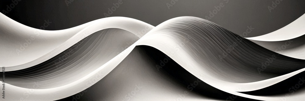Poster Abstract wave-like shapes in black and white, with a gradient effect, creating a sense of movement and fluidity
