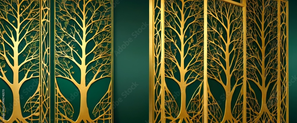 Poster a decorative gold-colored screen with a tree-like pattern, set against a dark green background
