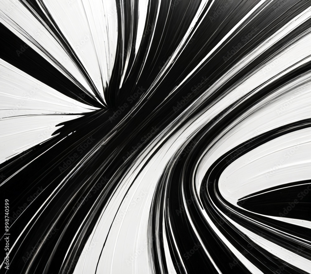 Poster a striking abstract composition featuring a dynamic interplay of black and white lines and curves, creating a sense of movement and energy
