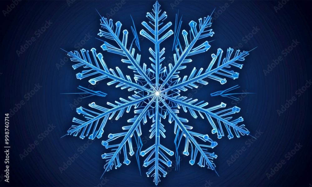 Poster A detailed, symmetrical snowflake with intricate patterns and a bright center is displayed against a dark blue background