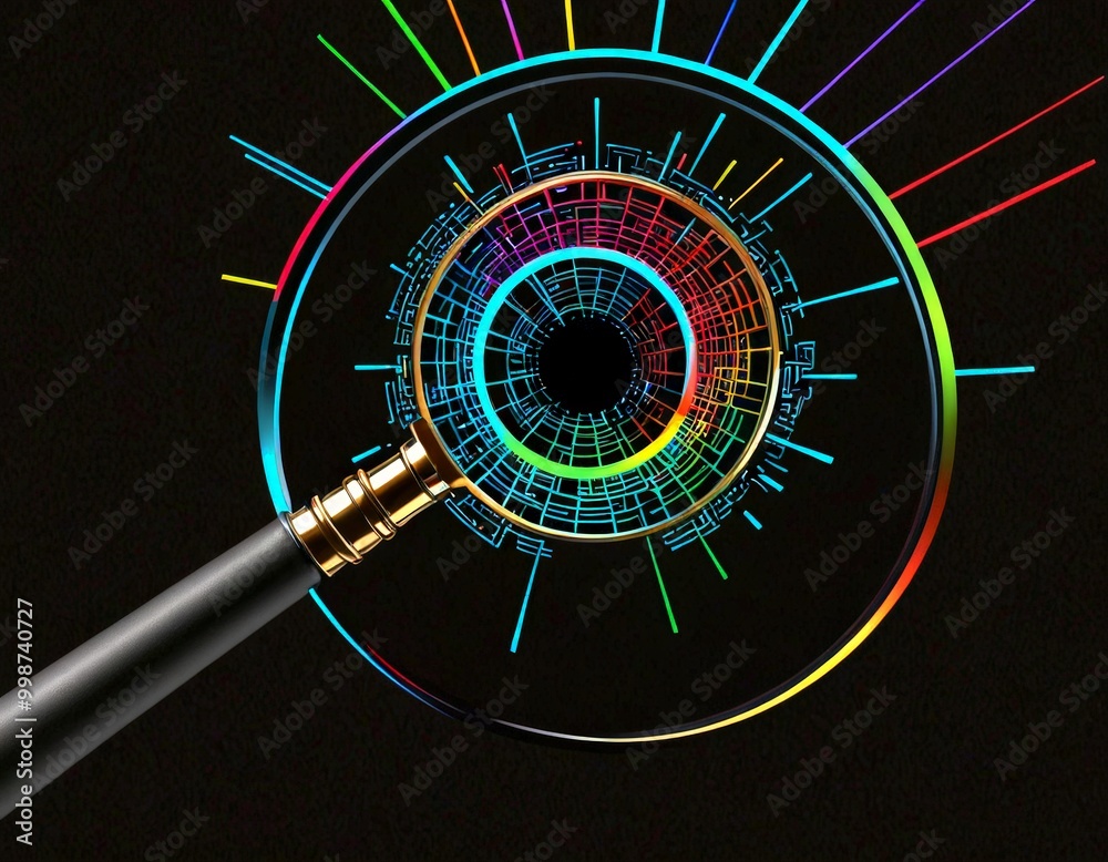 Leinwandbilder A magnifying glass is held over a complex network of colorful lines and patterns, creating a visually striking and abstract representation digital or technological system
