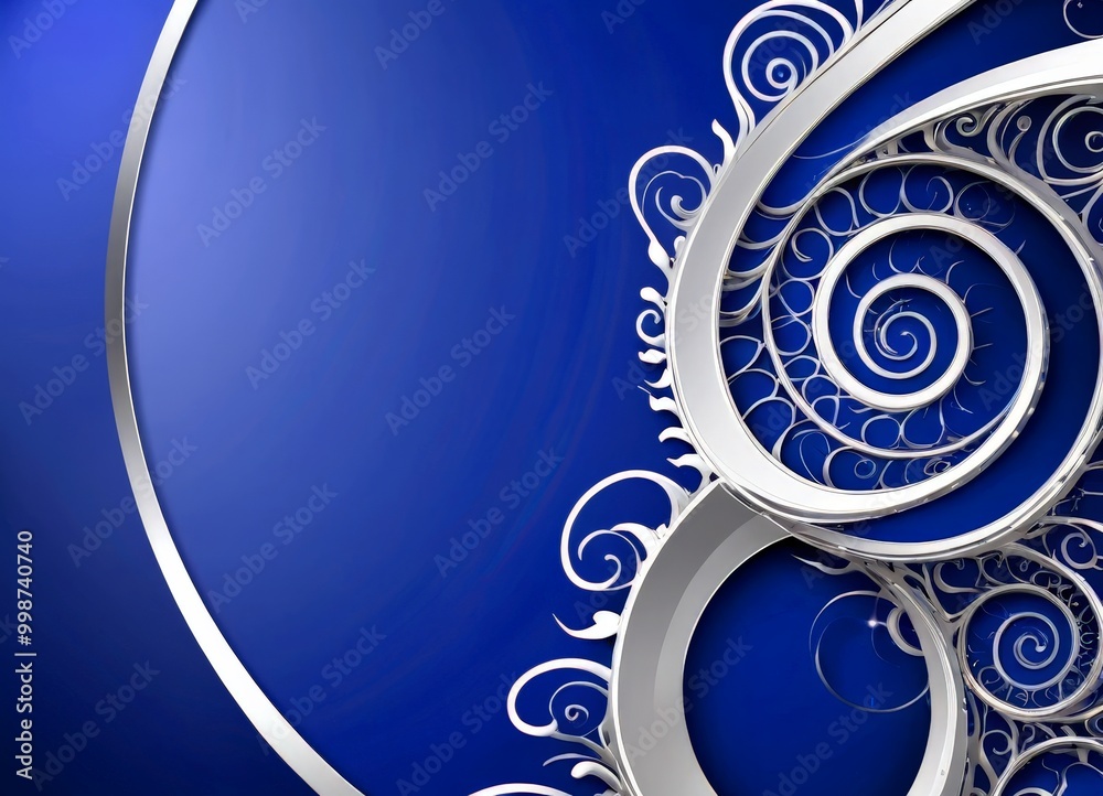 Poster a spiral design with a blue background and a silver border The spiral pattern is composed of concentric circles, each with a unique spiral design, creating a visually