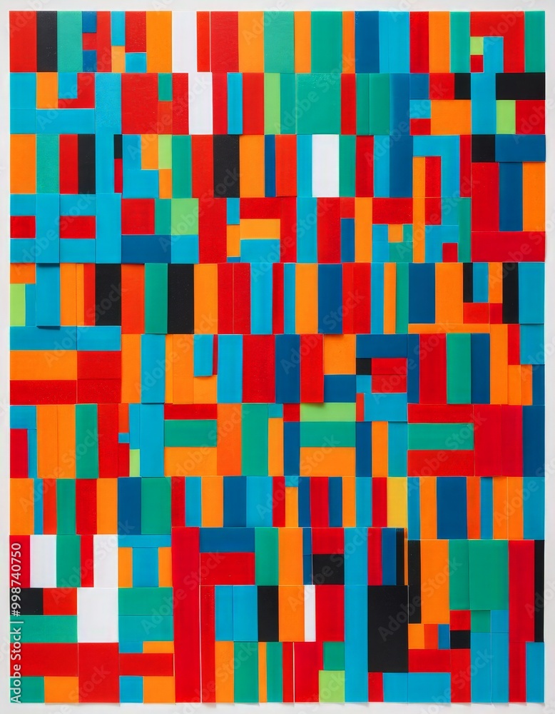 Aufkleber an abstract composition featuring a grid of overlapping rectangular shapes in various bright colors, including red, orange, yellow, green, blue, and black