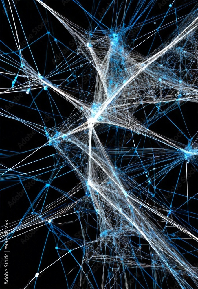Aufkleber a complex network of interconnected lines and dots, creating a striking abstract pattern against a black background