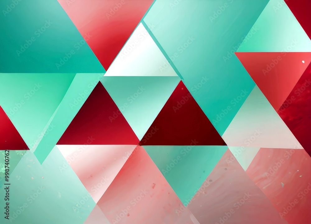 Poster a vibrant geometric pattern composed of overlapping triangles in various shades of green, red, and pink, creating a visually striking and abstract design