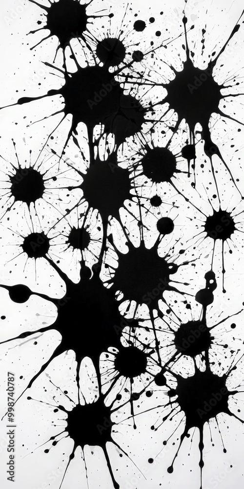 Poster a black and white abstract artwork featuring a chaotic arrangement of splatters and splotches, creat