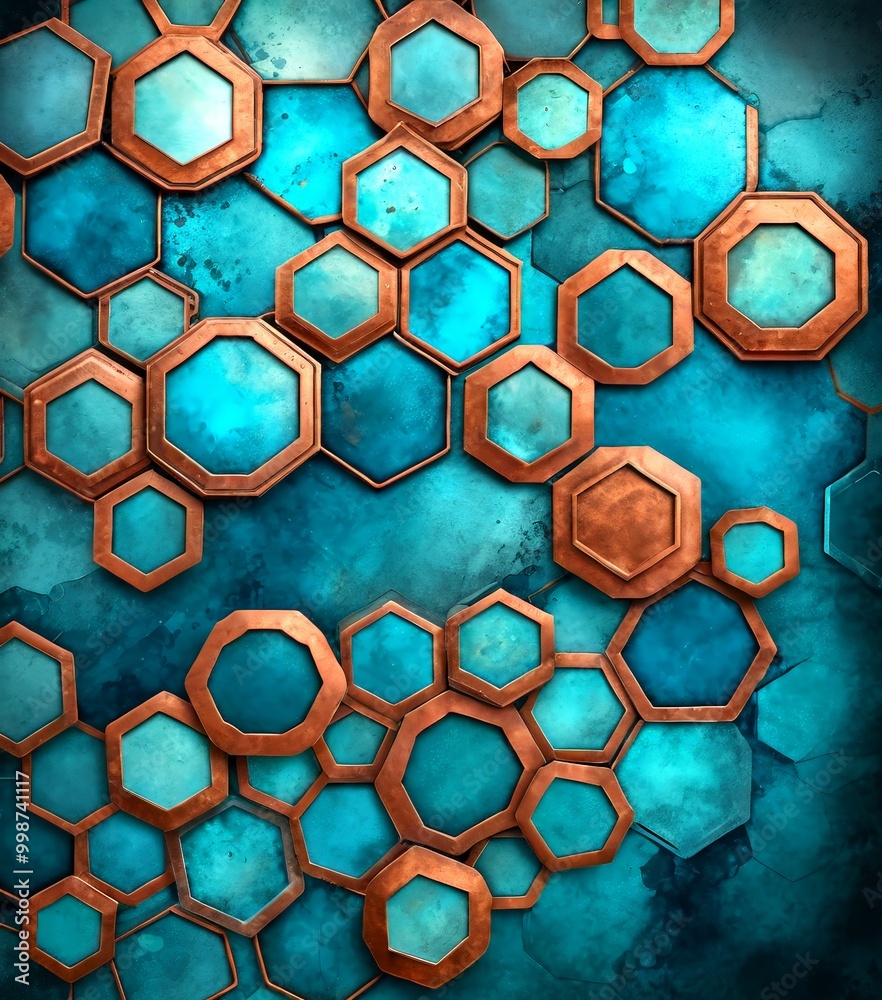 Aufkleber a repeating pattern of hexagonal shapes in shades of blue and brown, arranged in a grid-like formation against a dark blue background