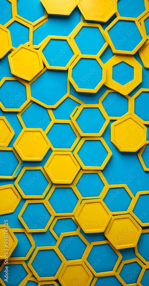 Poster a repeating pattern of yellow hexagonal shapes against a blue background, creating a visually striking and geometric design