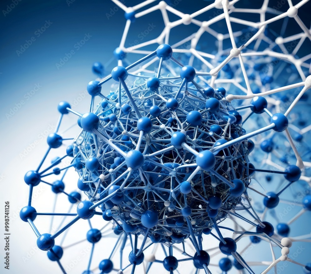 Poster a close-up view complex molecular structure, with numerous interconnected blue and white spheres rep