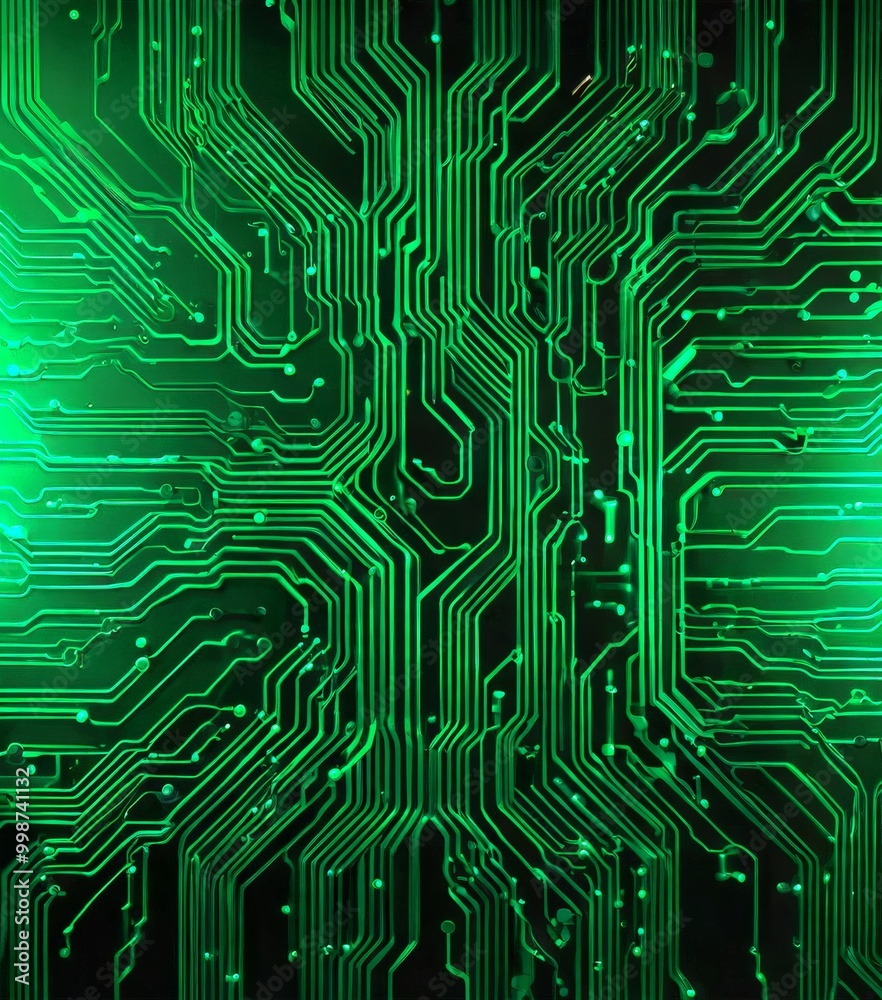 Aufkleber a complex circuit board with a network of green and black lines, creating a visually striking and intricate pattern