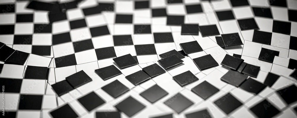 Poster A black and white checkered pattern composed of numerous small square tiles, with some tiles missing or broken