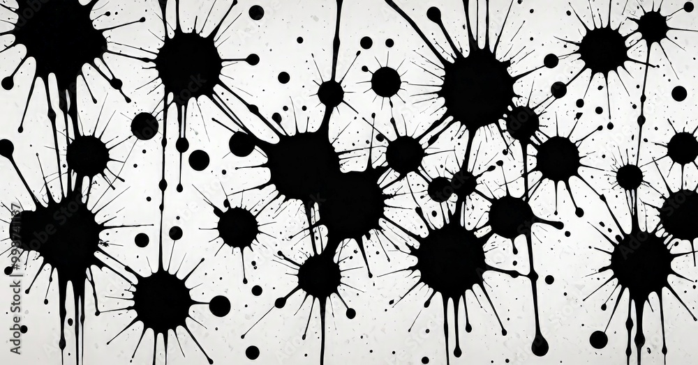 Poster a black and white abstract pattern composed of numerous splatters and drips, creating a dynamic and visually striking composition