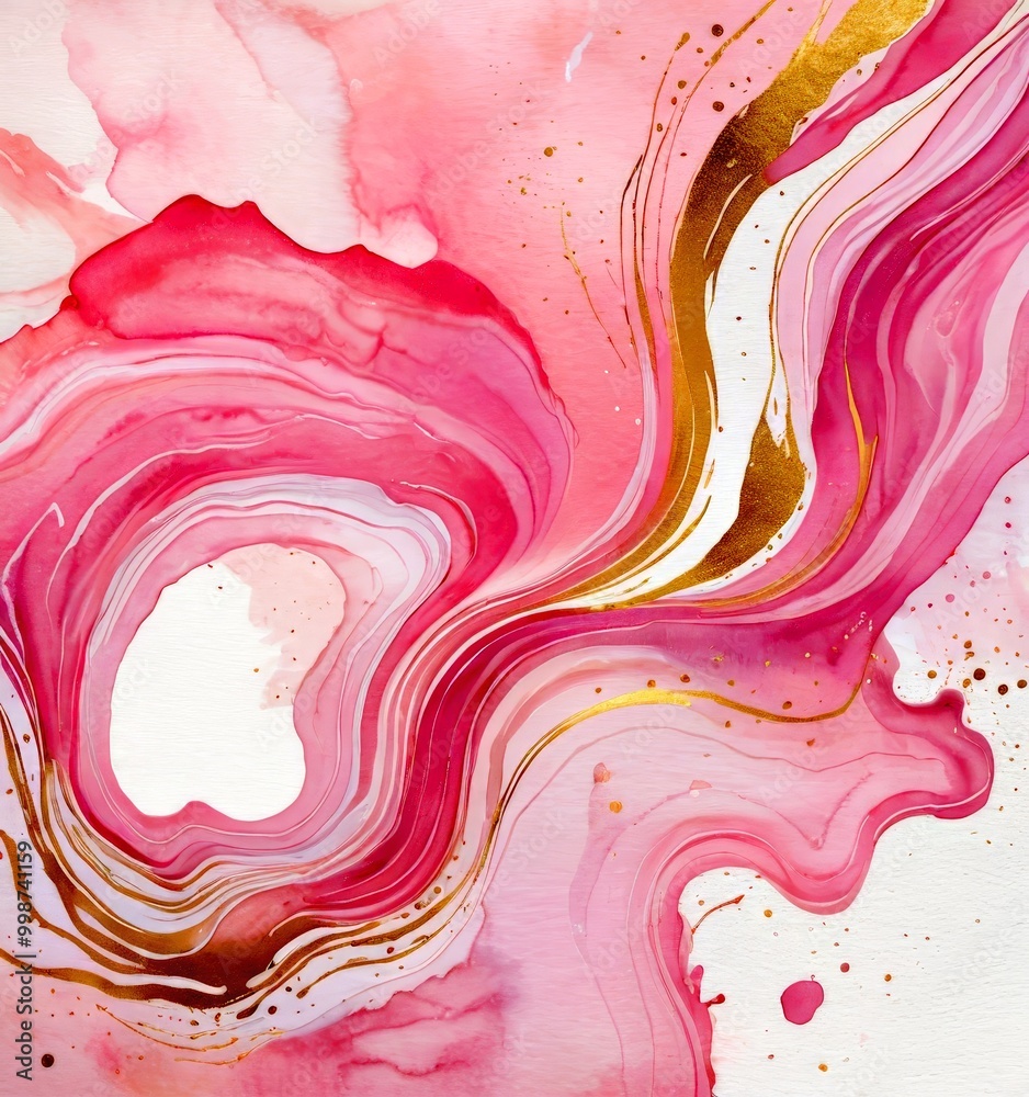 Poster an abstract art piece with pink and gold hues, featuring swirling patterns and splashes of color