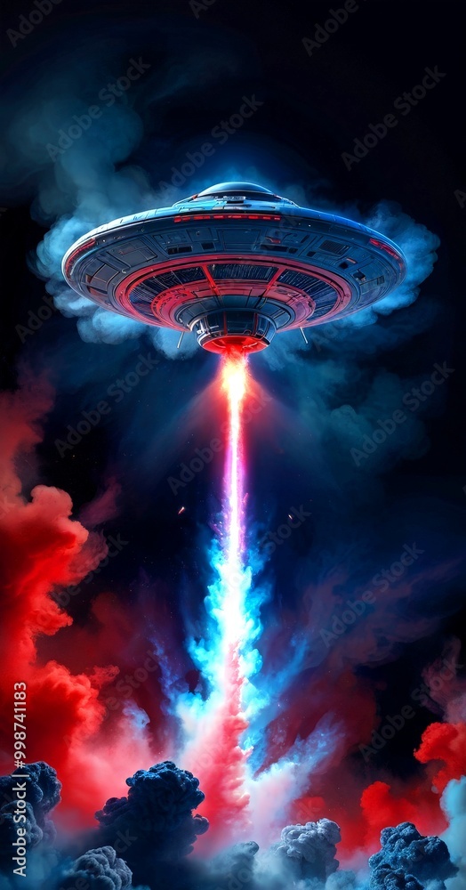 Aufkleber a futuristic, red and blue spaceship hovering above a dramatic cloudscape, with a bright orange trai