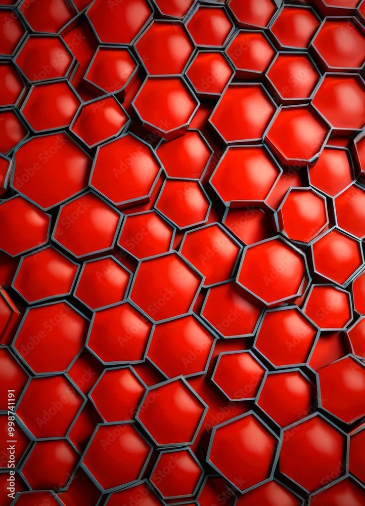 Poster a repeating pattern of red hexagonal shapes, with some black hexagonal shapes interspersed throughout, creating a visually striking and geometric design.