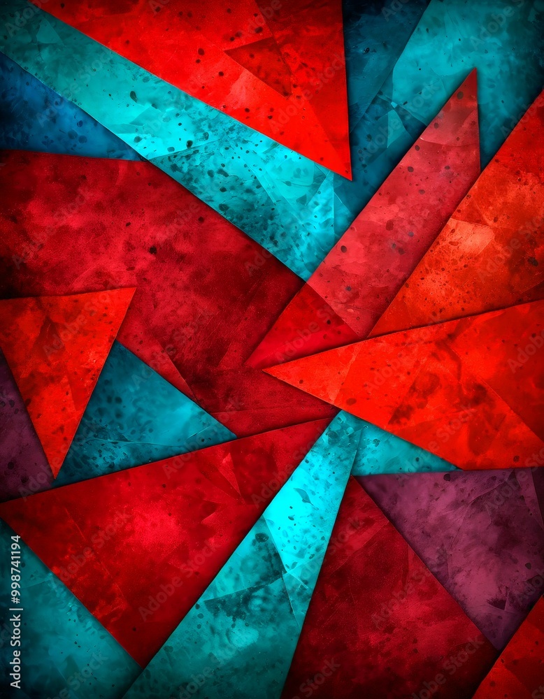 Poster a vibrant abstract composition of overlapping triangles in various shades of red, blue, and teal, creating a dynamic and visually striking pattern