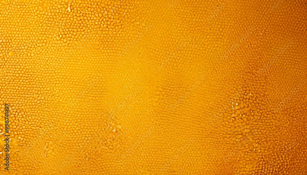 Poster a close-up view textured surface with a warm, golden-yellow color The surface appears to be made of small, round, and irregularly shaped objects, creating a textured