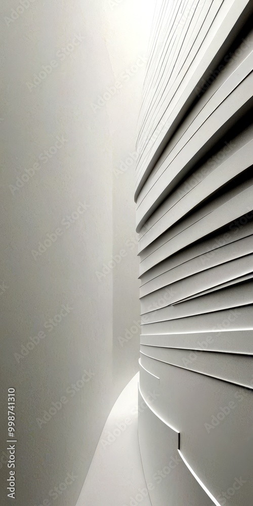 Fototapete a minimalist architectural design, featuring a curved wall with a series of horizontal lines that create a sense of depth and movement The wall is predominantly white, with