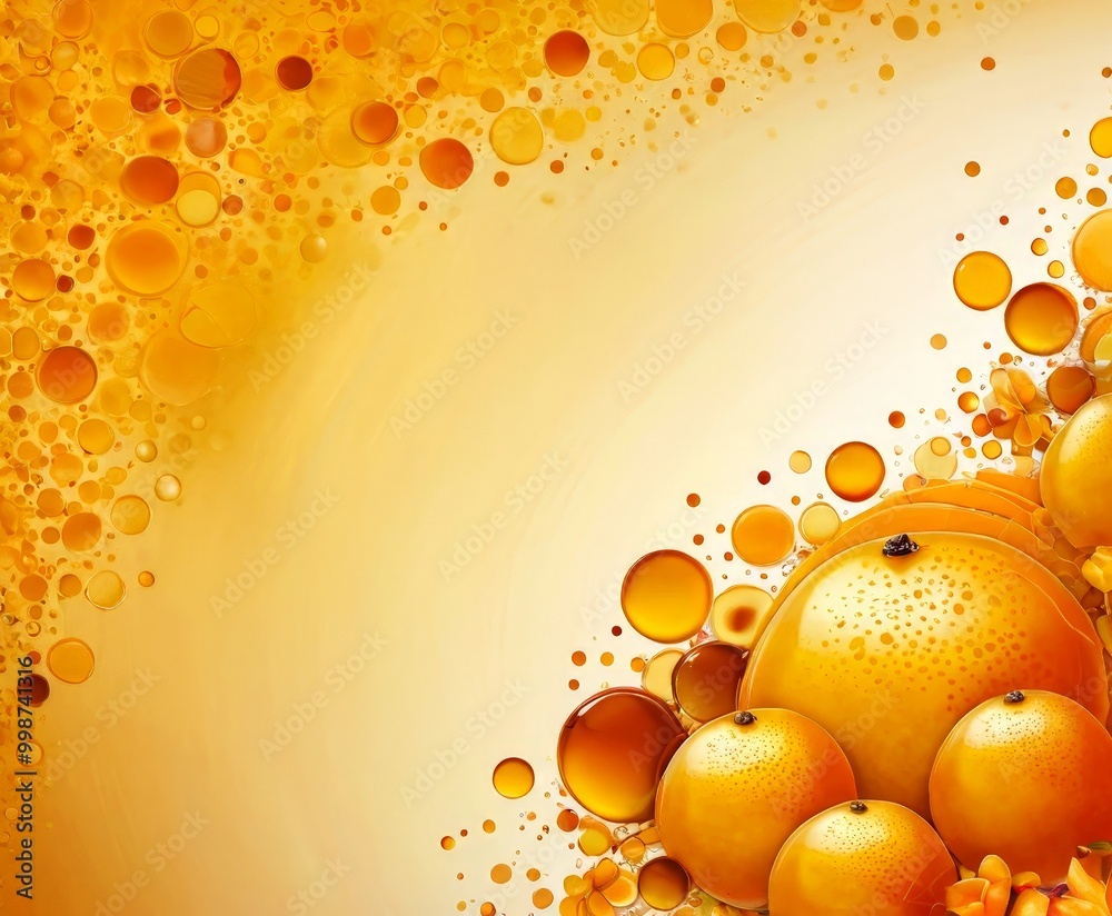 Poster a vibrant and abstract composition of orange and yellow circles and spheres, creating a dynamic and visually striking effect