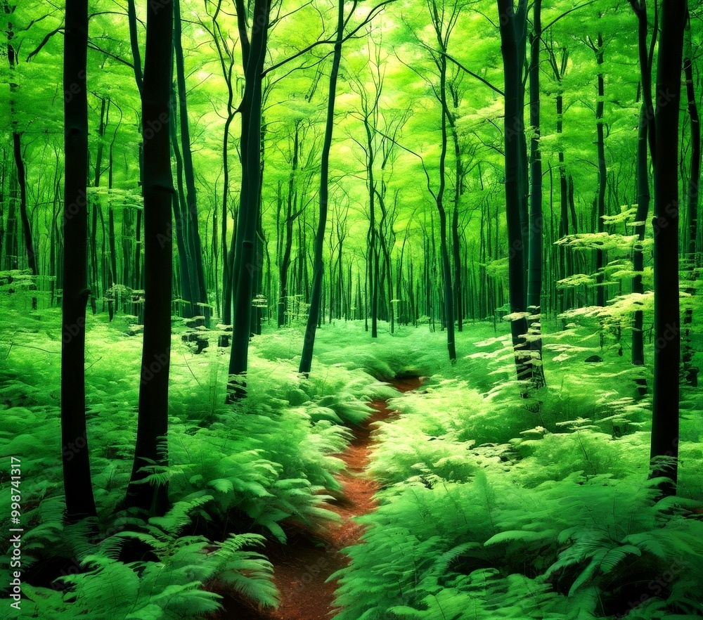 Poster A winding path leads through a dense, verdant forest, with tall trees and ferns creating a serene and tranquil atmosphere
