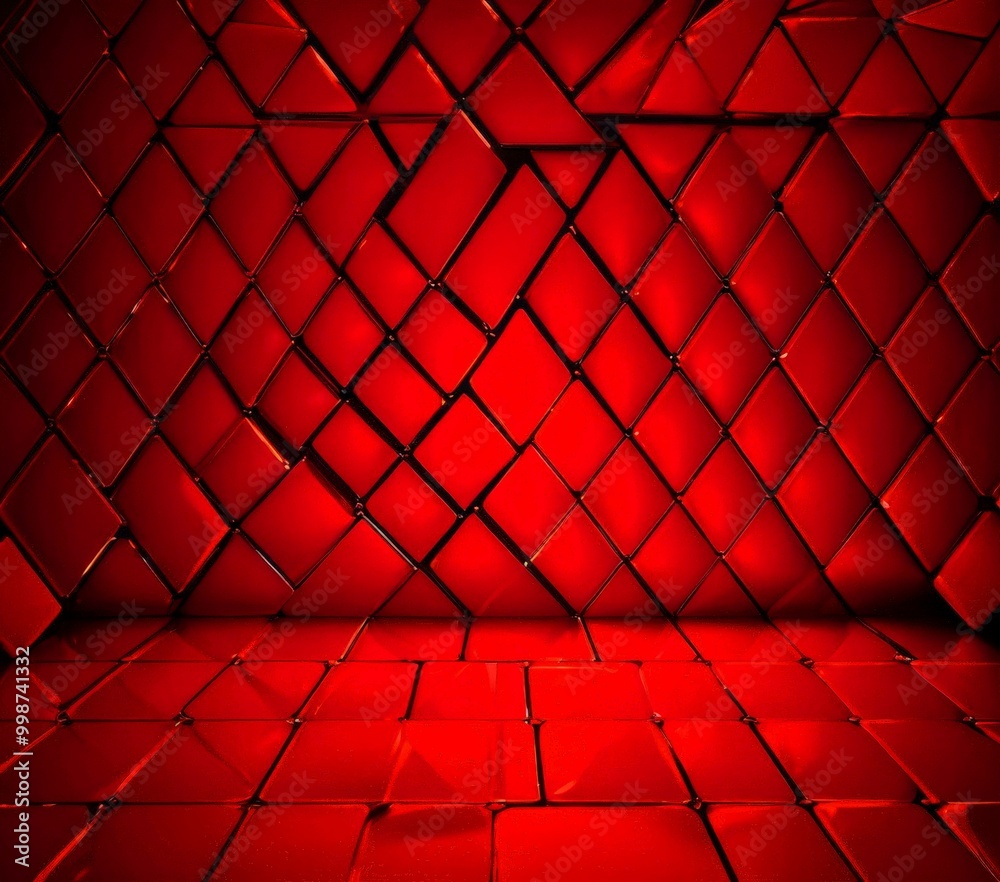 Poster a red geometric pattern composed of numerous red squares arranged in a diamond-like pattern, creating a visually striking and abstract background.