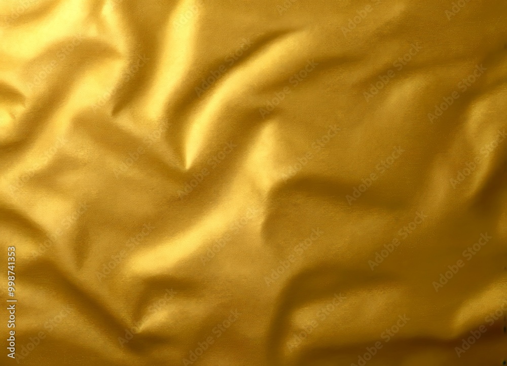 Poster a close-up view of a crumpled, shiny gold fabric surface. The fabric exhibits a shiny, reflective texture, with folds and creases creating a dynamic and textured appearance.