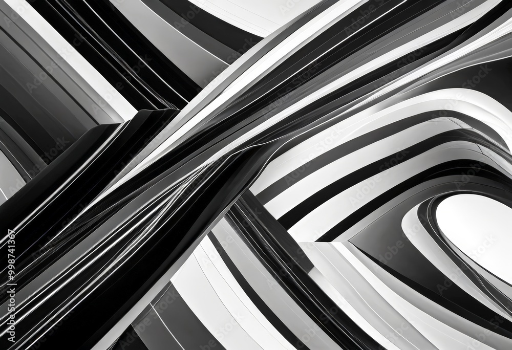 Poster a striking black and white photograph curved architectural structure, featuring a series of intersecting lines and curves that create a sense of depth