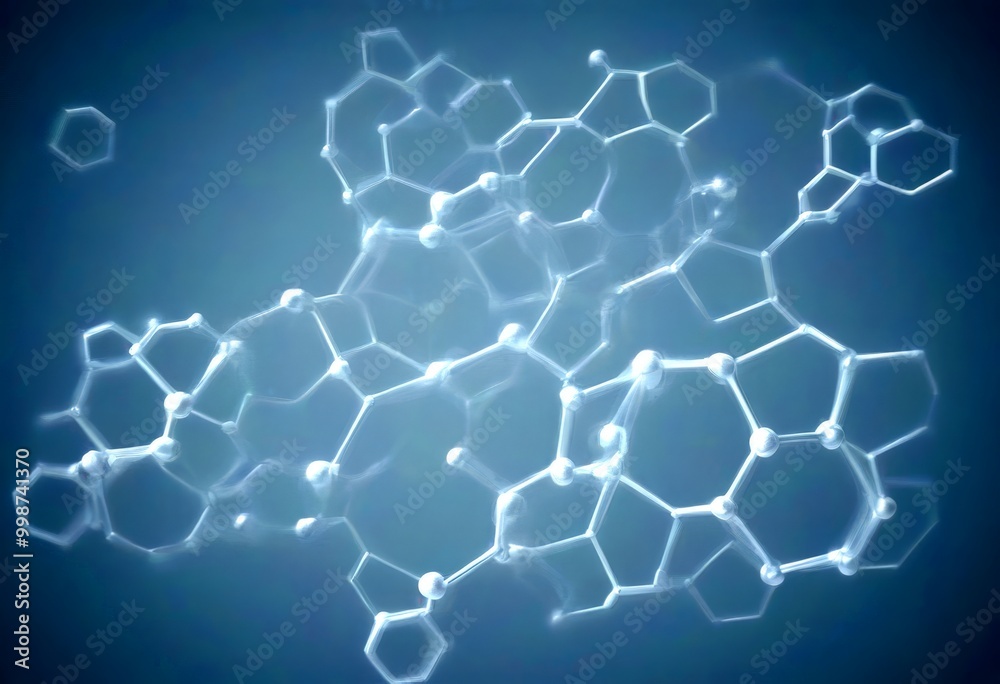 Poster a complex network of interconnected hexagonal structures, resembling a molecular lattice, against a dark blue background