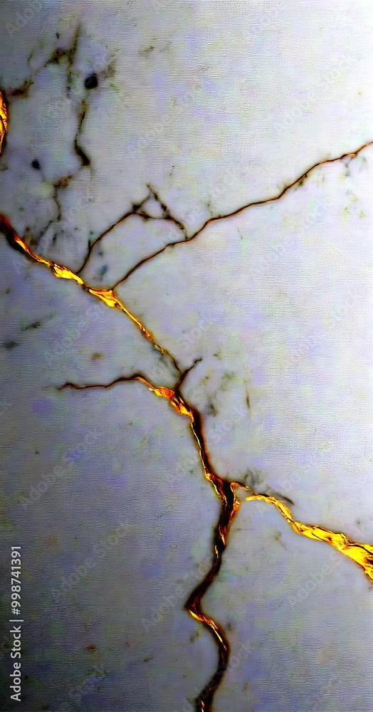 Poster a close-up view white marble surface with a gold crack running through it, creating a visually striking contrast